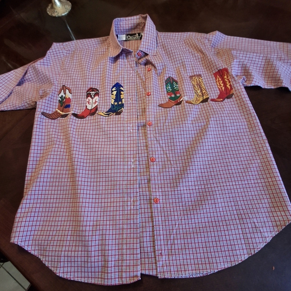 Croquet Thailand Shirt Pink Gingham Embroidered Western Boots Women Size Medium - Picture 9 of 16